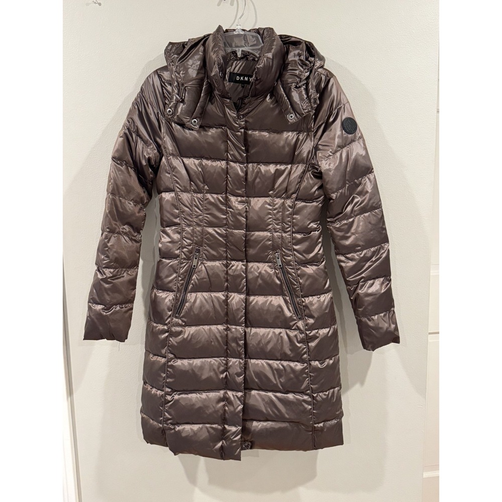 DKNY Women's Long Puffer Coat Hooded Dark Brown XS